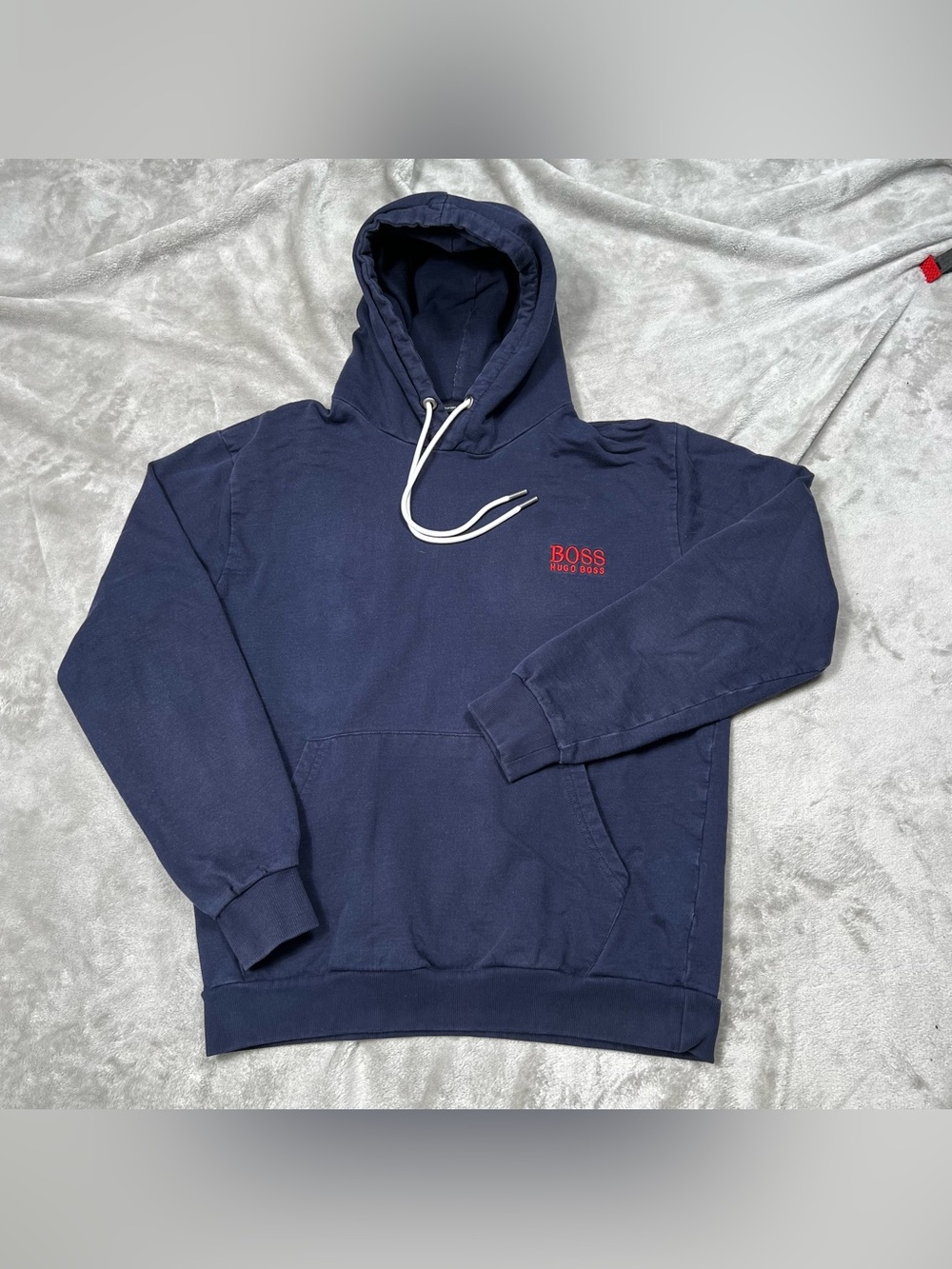 Hugo Boss Comfort Fit Hoodie Men M Blue Pullover Cotton Spellout Logo Sweatshirt